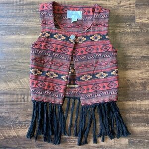BCBG Woven Aztec Tapestry Western Fringe with Decorative Button Closure Vest-Med